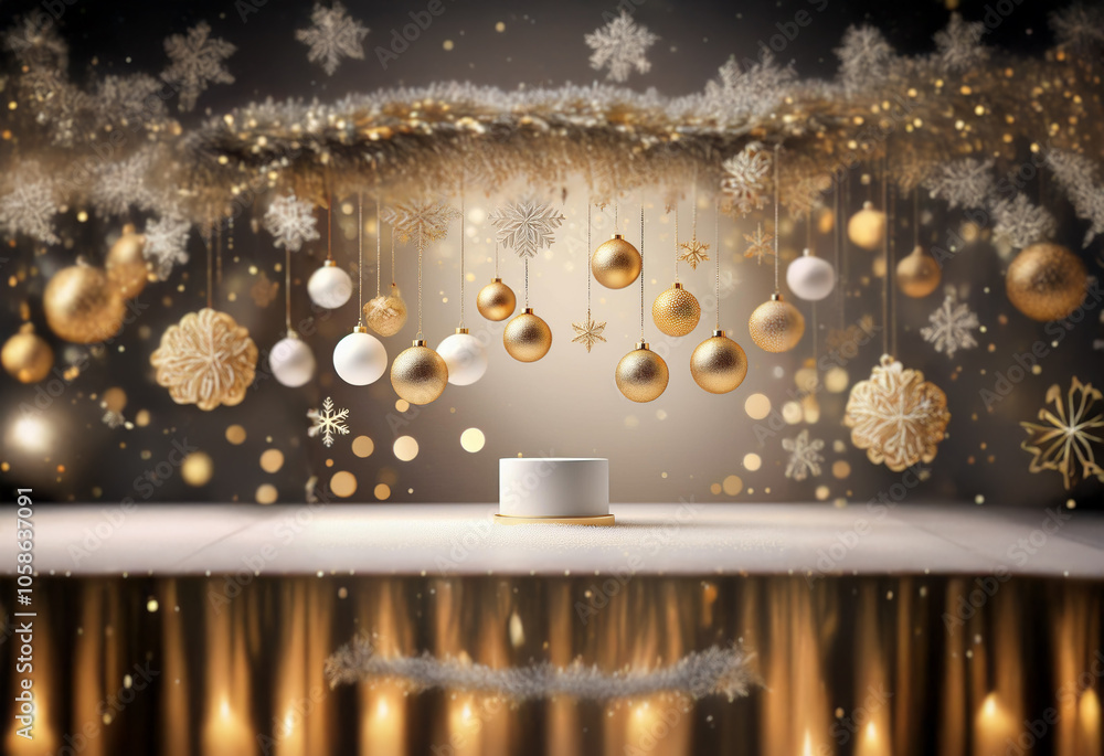 A white podium sits on a gold surface, surrounded by gold and white Christmas ornaments, tinsel, and snowflakes falling from the ceiling. A white podium sits on a gold surface, surrounded by gold and white Christmas ornaments, tinsel, and snowflakes falling from the ceiling.