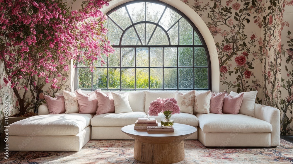 A large white sectional sofa sits in front of a large arched window, with pink flowers in a vase on a coffee table. The wall is covered in floral wallpaper. A large white sectional sofa sits in front of a large arched window, with pink flowers in a vase on a coffee table. The wall is covered in floral wallpaper.