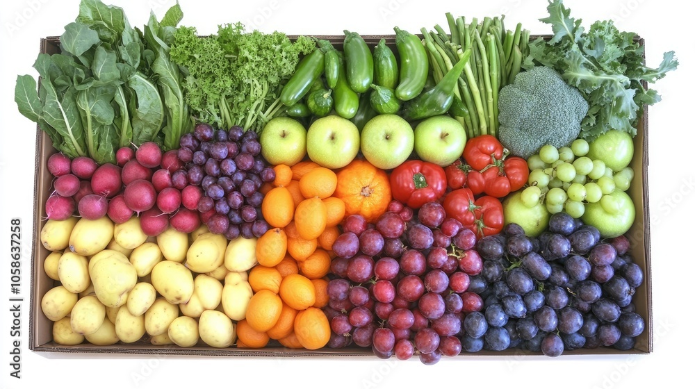 Vibrant healthy food composed of fresh mixed fruits and vegetables arranged in a box from a top view perspective, highlighting the diversity of healthy food options with ample copy space. Vibrant healthy food composed of fresh mixed fruits and vegetables arranged in a box from a top view perspective, highlighting the diversity of healthy food options with ample copy space.