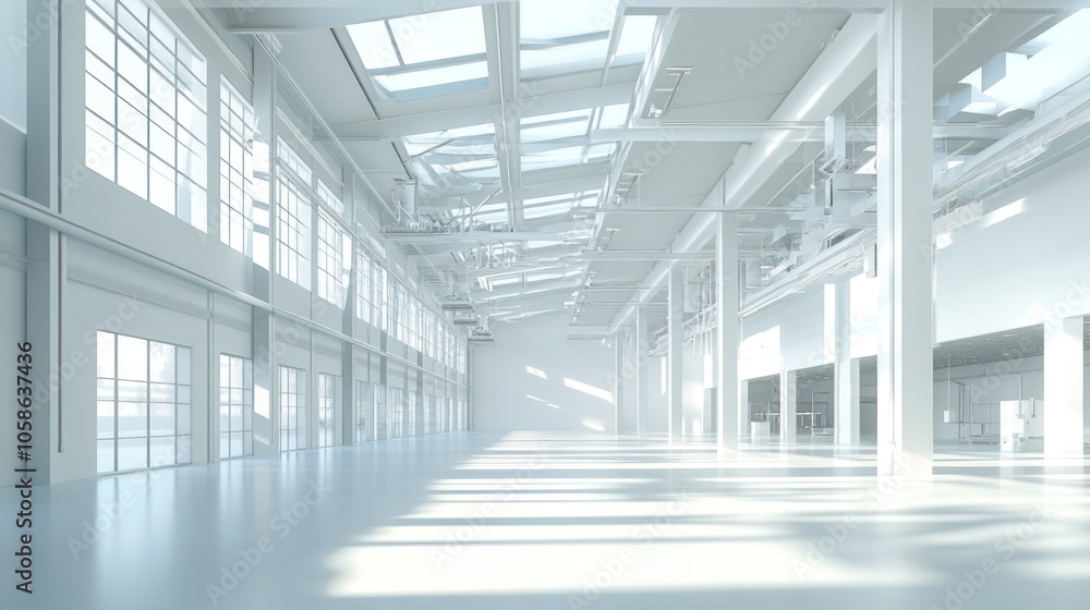 A spacious, white, modern warehouse interior with large windows, high ceilings and skylights. A spacious, white, modern warehouse interior with large windows, high ceilings and skylights.