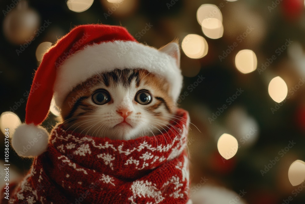 Cat in a Santa Hat and Red Scarf with Christmas Tree in the Background, selective focus Cat in a Santa Hat and Red Scarf with Christmas Tree in the Background, selective focus