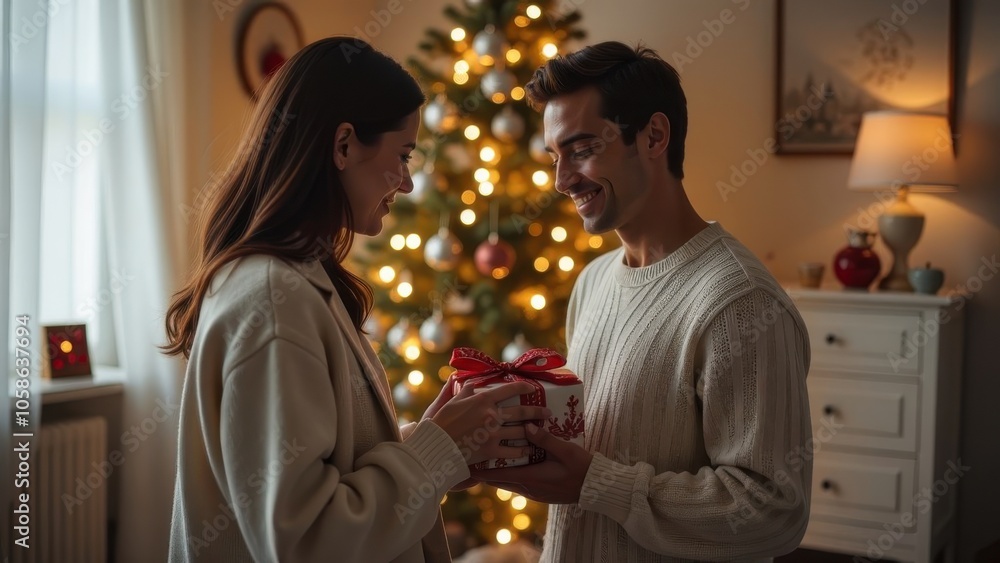 Couple exchanging a gift by a beautifully decorated Christmas tree in a cozy living room during the holiday season Couple exchanging a gift by a beautifully decorated Christmas tree in a cozy living room during the holiday season