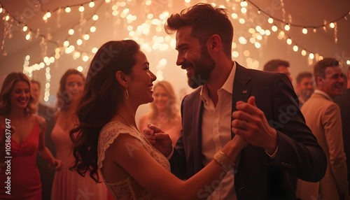 Pareja bailando en primer plano y amigos al fondo, celebrando una fiesta, una boda.
