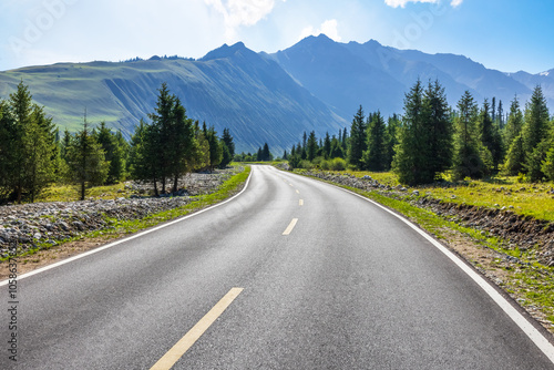 Asphalt road and green forest with mountain nature landscape on a sunny day. Road trip.