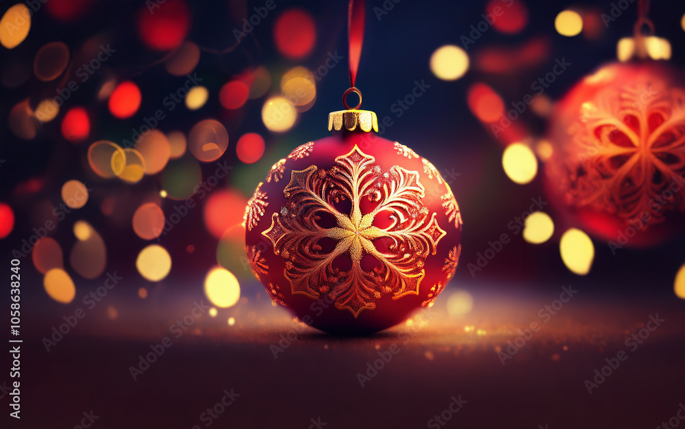 A red Christmas ornament with a gold snowflake design hangs against a dark blue background with out-of-focus bokeh lights. A red Christmas ornament with a gold snowflake design hangs against a dark blue background with out-of-focus bokeh lights.