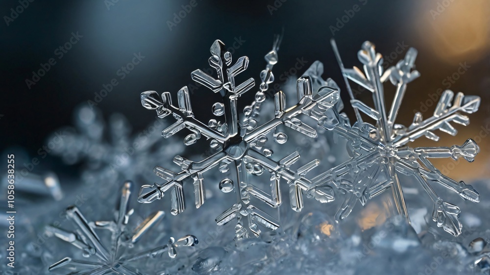 Delicate snowflakes resting on a surface, showcasing intricate patterns illuminated by soft winter light Delicate snowflakes resting on a surface, showcasing intricate patterns illuminated by soft winter light