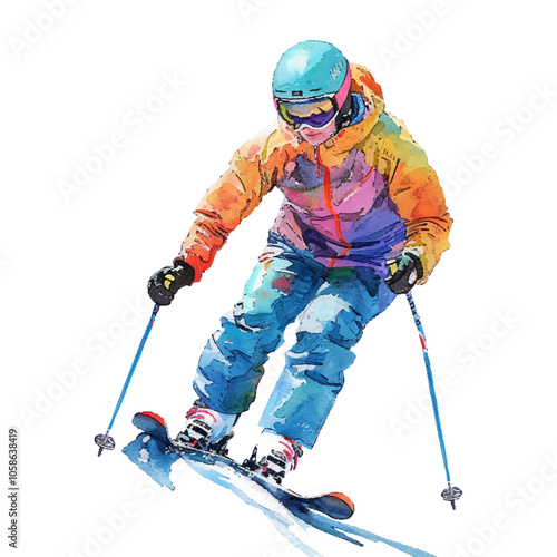 skiing downhill vector illustration in watercolor style