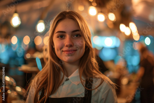 Generative AI Image of Waiter or Waitress Working in Fast Food Cafe Restaurant with Warm Ambient Lighting