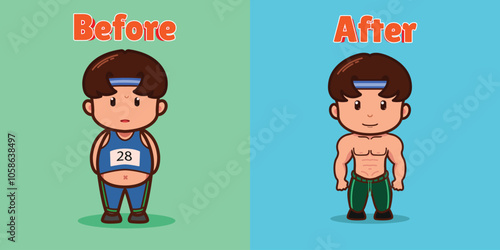 illustration of a man from fat to sixpack, before and after illustration.