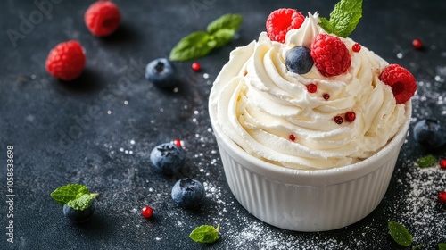 Whipped cream preparation for decorating and garnishing is essential for baking cakes, layered desserts, and other sweet treats. This whipped cream image includes ample copy space for your text. photo