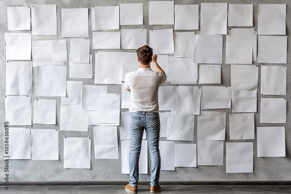 Man Contemplating Ideas on Wall with Papers Man Contemplating Ideas on Wall with Papers