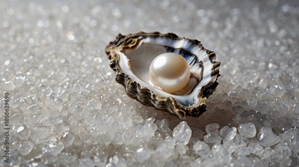 A lustrous pearl nestled in a natural oyster shell atop a bed of glistening salt crystals in a serene presentation A lustrous pearl nestled in a natural oyster shell atop a bed of glistening salt crystals in a serene presentation