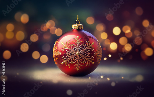 A single red Christmas ornament with a gold snowflake design sits on a dark surface with out-of-focus warm lights in the background.