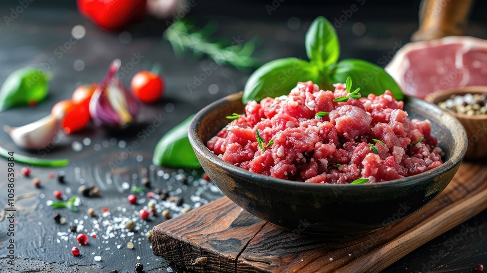 Minced meat in bowl with ingredients on wooden table and dark background. Minced meat in bowl with ingredients on wooden table and dark background.