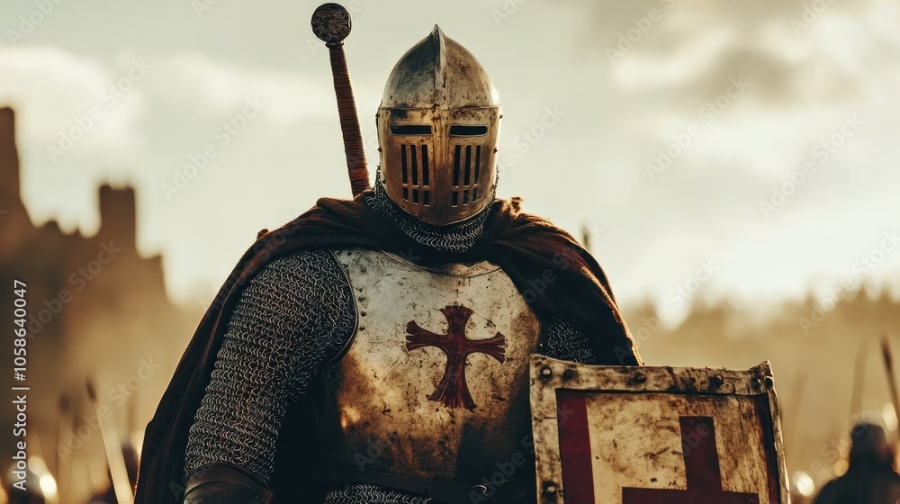 A medieval knight in full armor, with a red cross shield and a sword ...