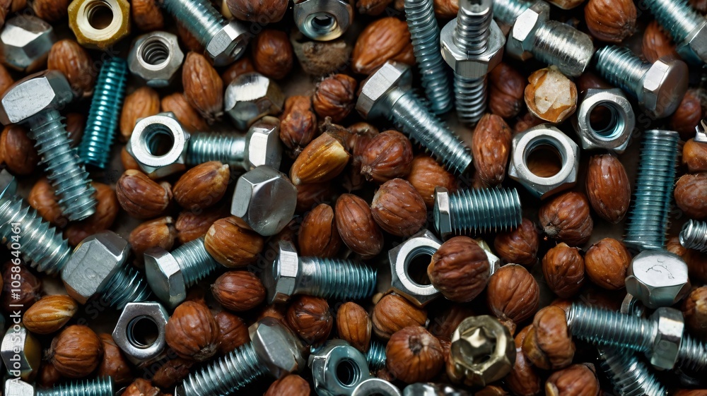 A mix of metallic fasteners and hazelnuts on a textured surface captured in natural light A mix of metallic fasteners and hazelnuts on a textured surface captured in natural light