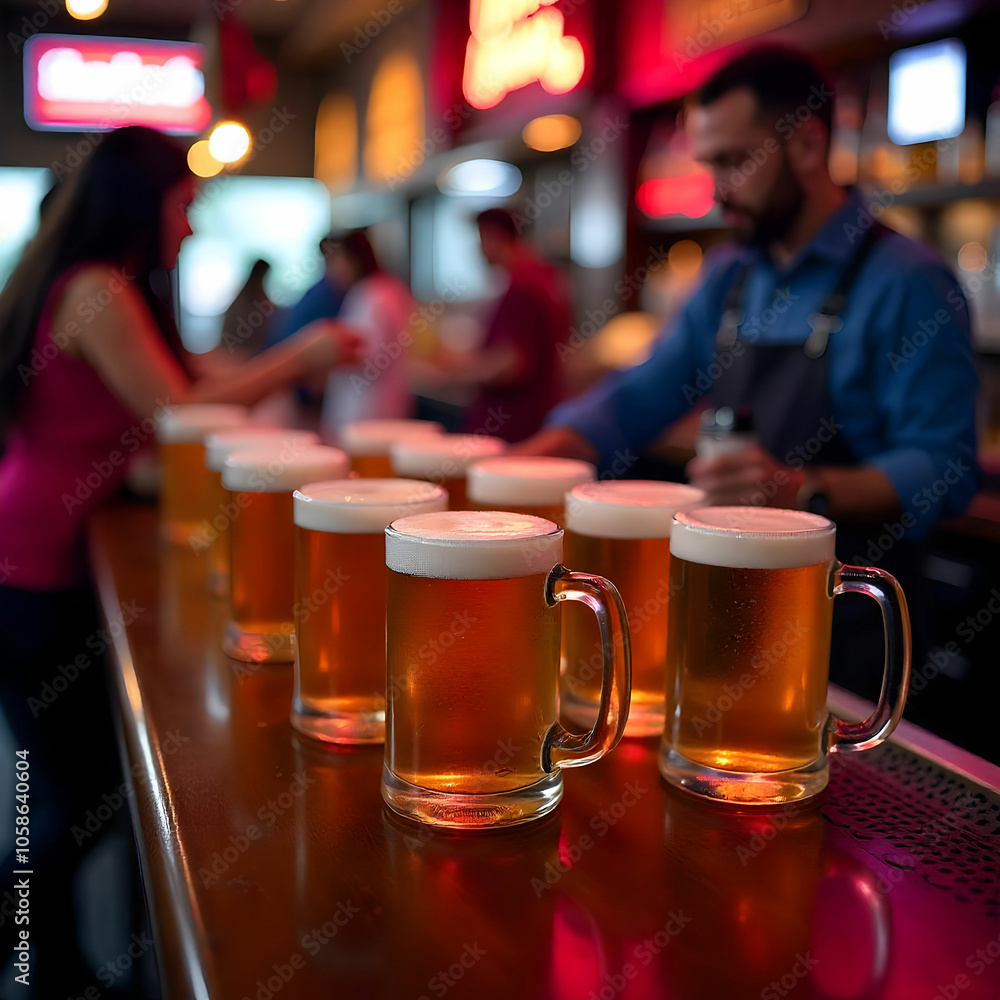 Eight glasses of beer arranged in a row on a bar counter, Eight glasses of beer arranged in a row on a bar counter,