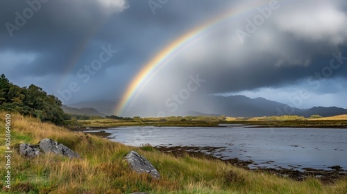 A vibrant rainbow arches over a tranquil lake and rolling hills, with a stormy sky as a backdrop.