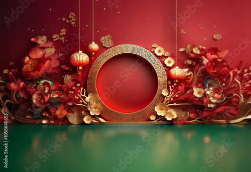 A circular wooden frame sits on a green surface surrounded by ornate red and gold floral designs and lanterns.