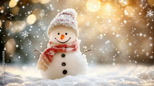 A cheerful snowman in a snowy landscape, adorned with a colorful scarf and hat, capturing the joy of winter season.