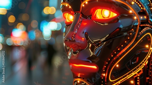 Orange robot head with red lights illuminating its face in a blurry background, AI generated image