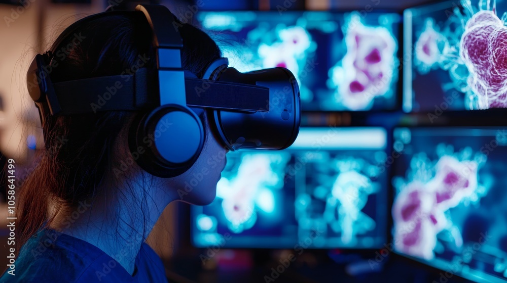 Person using a virtual reality headset to visualize complex biological processes enhanced by ai simulations in biotech research Person using a virtual reality headset to visualize complex biological processes enhanced by ai simulations in biotech research