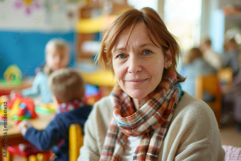 Generative AI Image of Elderly Nanny or Teacher Smiling in Warm Nursery Classroom Setting Generative AI Image of Elderly Nanny or Teacher Smiling in Warm Nursery Classroom Setting