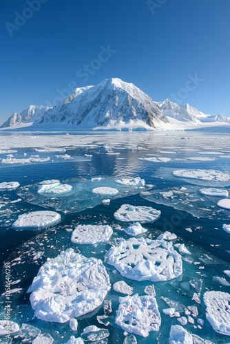 Frozen landscape of Antarctica showcasing towering mountains, drifting ice, and clear blue waters under a bright sky during the summer season photo