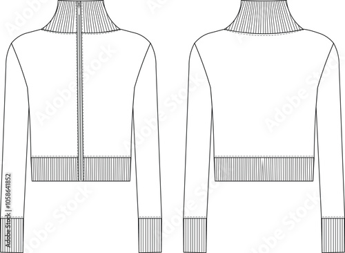 long sleeve zippered turtleneck high neck ribbed collar hem cuff fit cardigan jacket sweater knitwear pullover template technical drawing flat sketch cad mockup fashion woman design style model 
