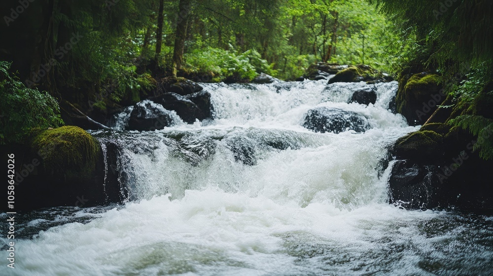 Fototapeta premium Cascading River in a Lush Forest