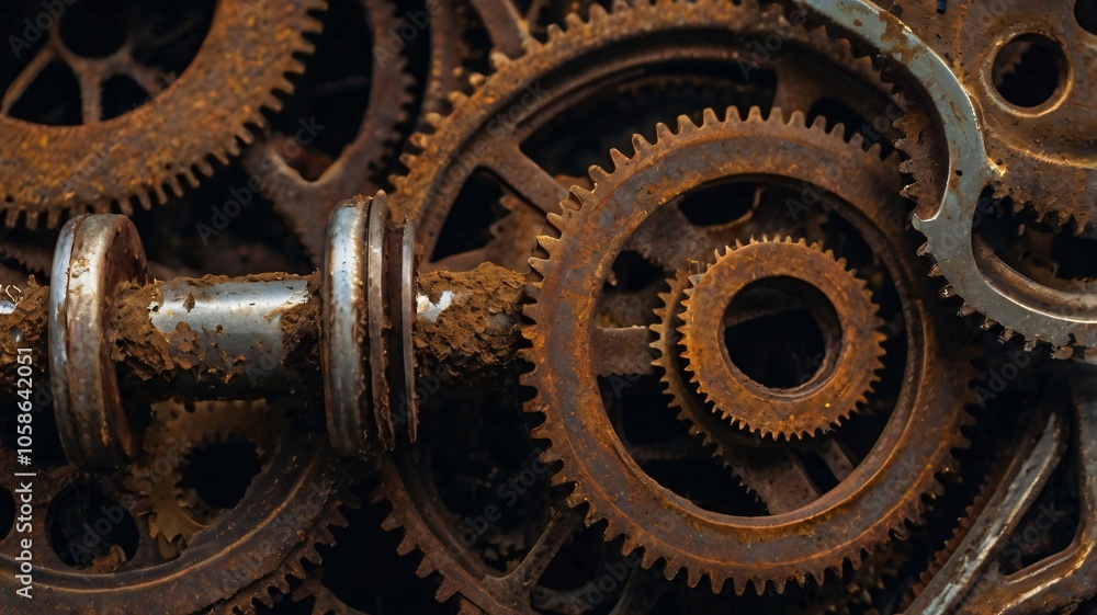 Close-up view of intricate rusty gears and cogs stacked together, showcasing unique textures and patterns in an industrial setting Close-up view of intricate rusty gears and cogs stacked together, showcasing unique textures and patterns in an industrial setting