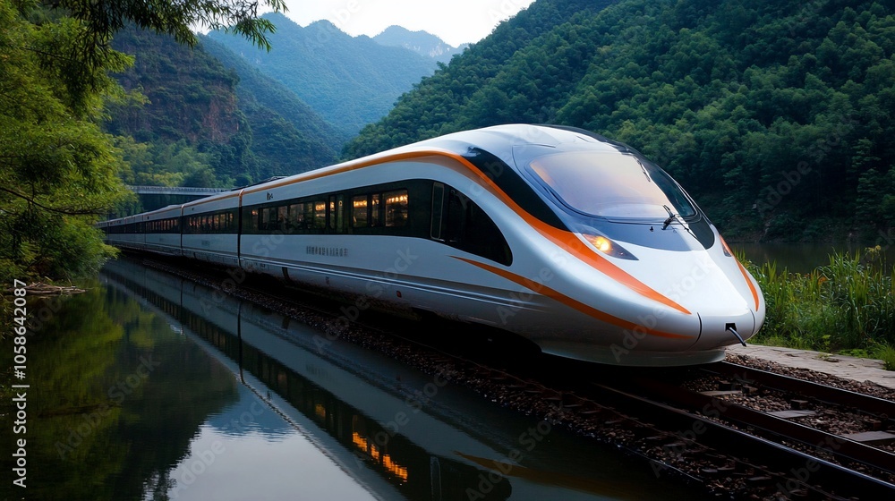 Naklejka premium Modern high-speed train traveling through a mountainous landscape.