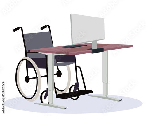 Adjustable desk for disabled person adjusting computer desk with wheelchair for disability workplace setting with computer and wireless computer desk. Offering convenience for computer users. 