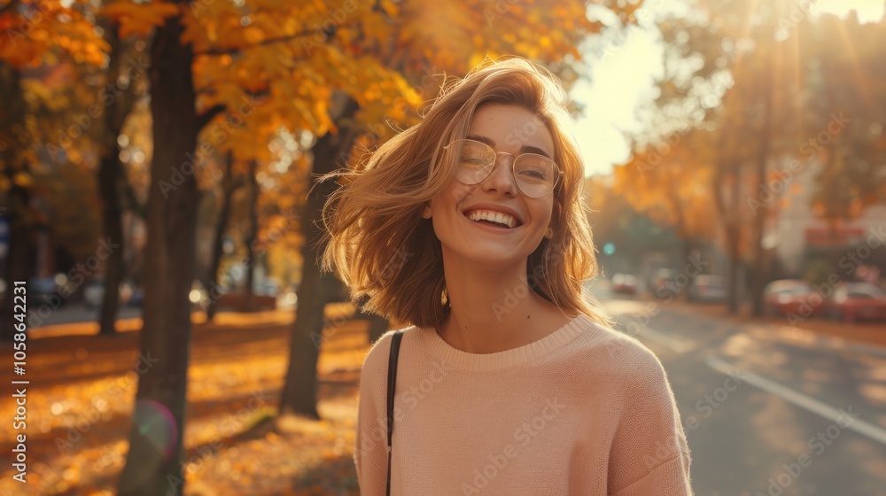 Portrait of cheerful Woman walking happily on autumn street, AI generated image Portrait of cheerful Woman walking happily on autumn street, AI generated image