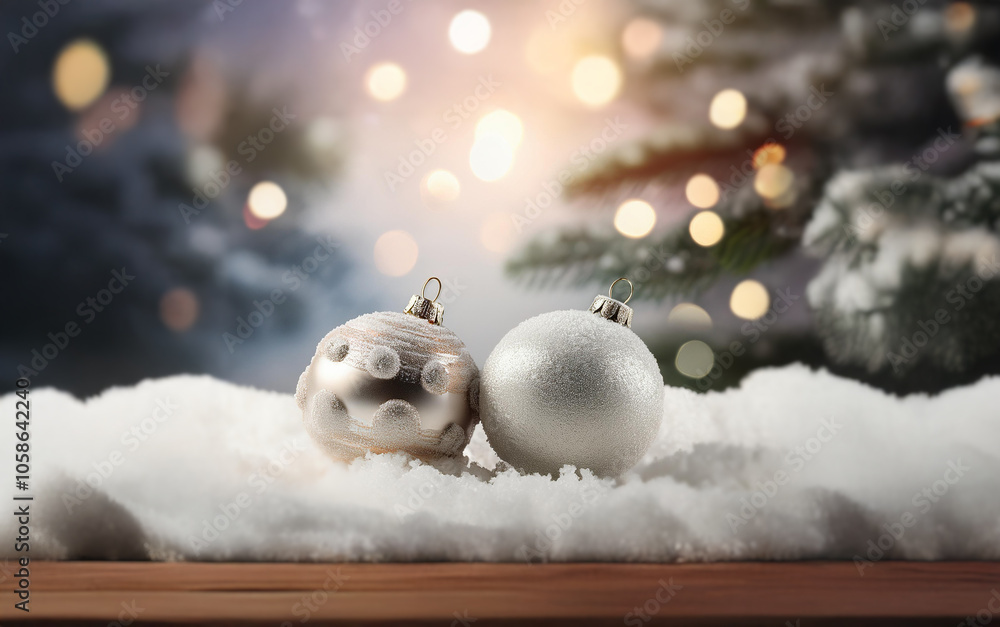 Obraz premium Two silver Christmas ornaments sit on a wooden surface covered in snow with a bokeh background of Christmas lights and fir branches.