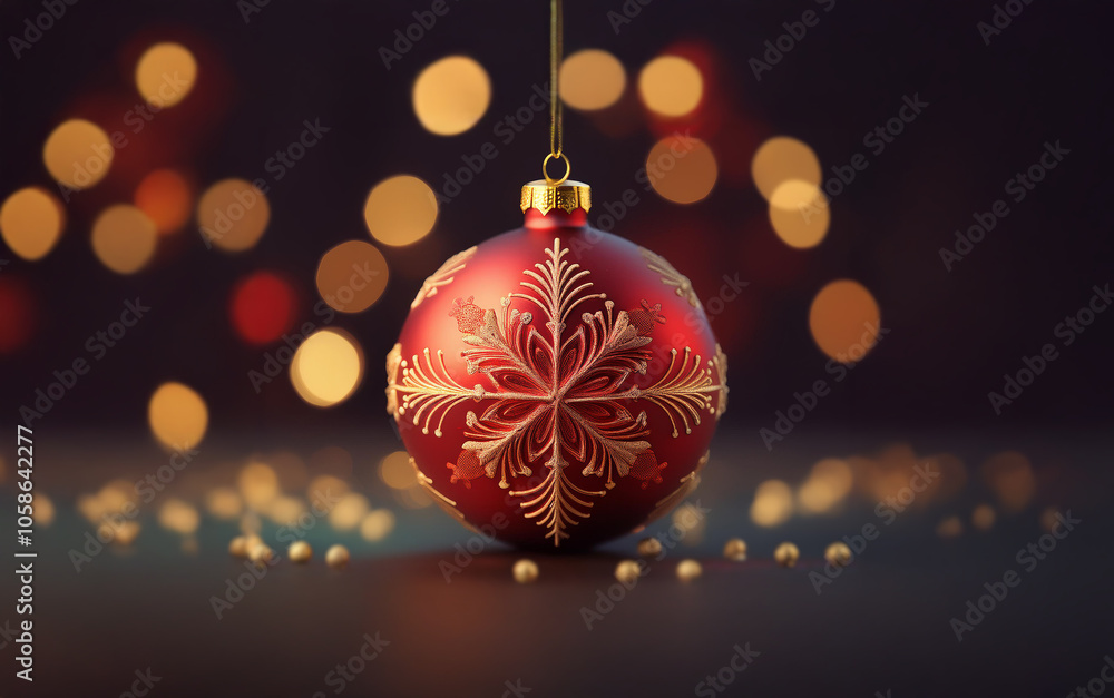 A single red Christmas ornament with a gold snowflake design hangs against a backdrop of warm bokeh lights. A single red Christmas ornament with a gold snowflake design hangs against a backdrop of warm bokeh lights.