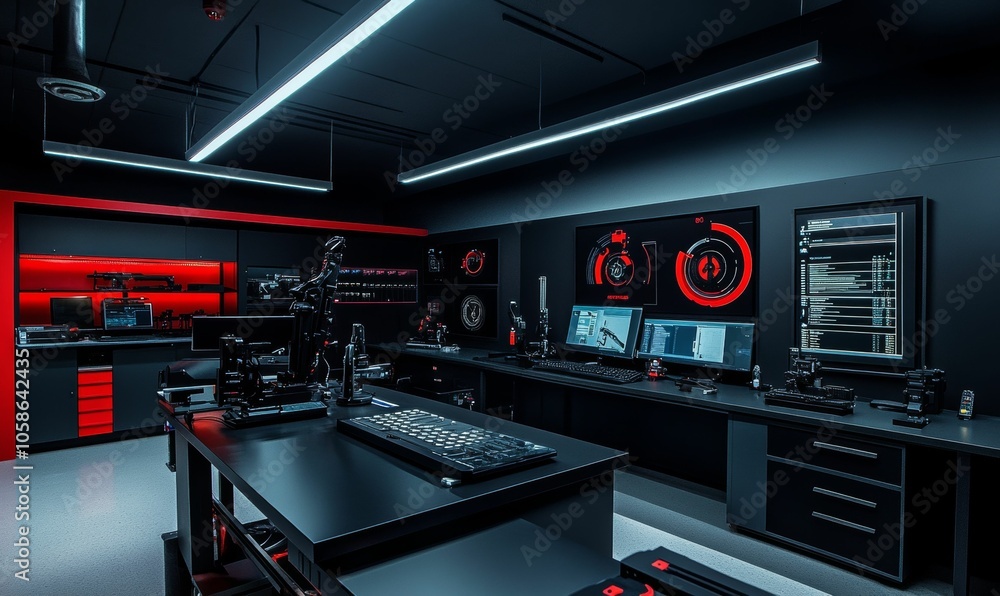 Dark room with computers, screens, and red accents. Dark room with computers, screens, and red accents.