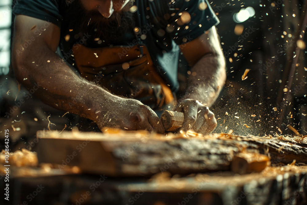 Generative AI image of a handsome virile bearded woodcutter at work in a traditional woodworking workshop Generative AI image of a handsome virile bearded woodcutter at work in a traditional woodworking workshop