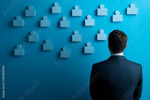 Businessman Looking at Profile Icons on Blue Wall: Collaboration and Success photo