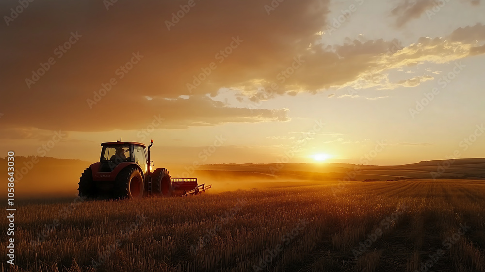tractor plowing field at sunset, creating serene and picturesque landscape. warm hues of sky blend beautifully with golden fields, evoking sense of tranquility and hard work tractor plowing field at sunset, creating serene and picturesque landscape. warm hues of sky blend beautifully with golden fields, evoking sense of tranquility and hard work