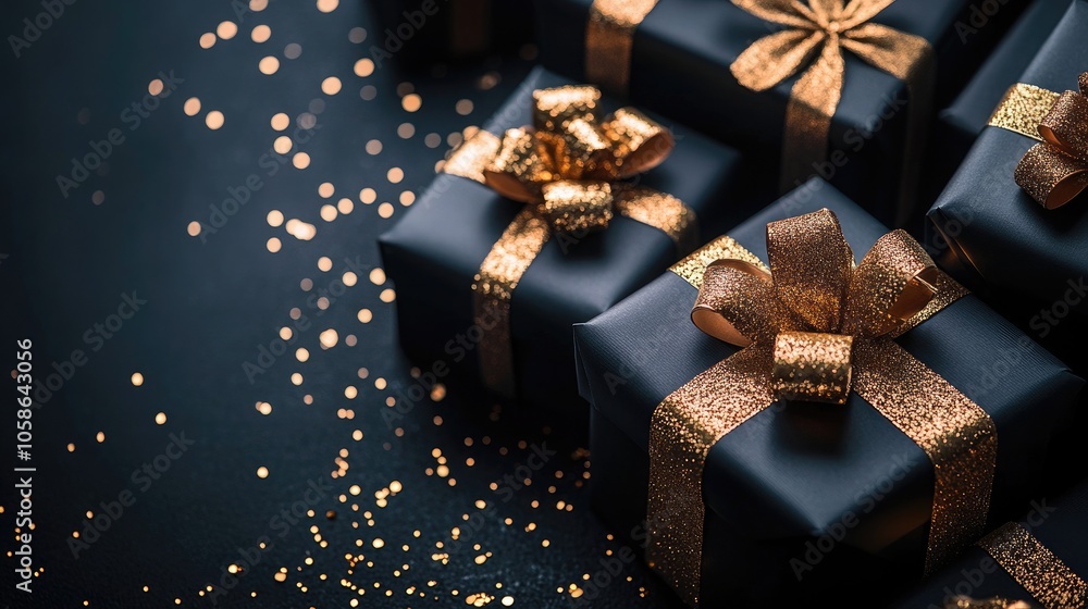 This Luxurious Arrangement of Black Gift Boxes with Gold Ribbons Against a Dark Background is Perfect for Highlighting Premium Products and Celebrating the Art of Gift Giving This Luxurious Arrangement of Black Gift Boxes with Gold Ribbons Against a Dark Background is Perfect for Highlighting Premium Products and Celebrating the Art of Gift Giving
