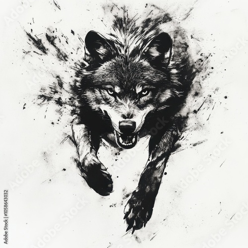 wolf attacking,running, jumping,action pose,tattoo, White background