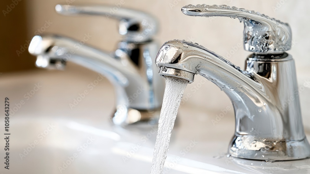 Closeup of a Chrome Faucet with Water Running Closeup of a Chrome Faucet with Water Running