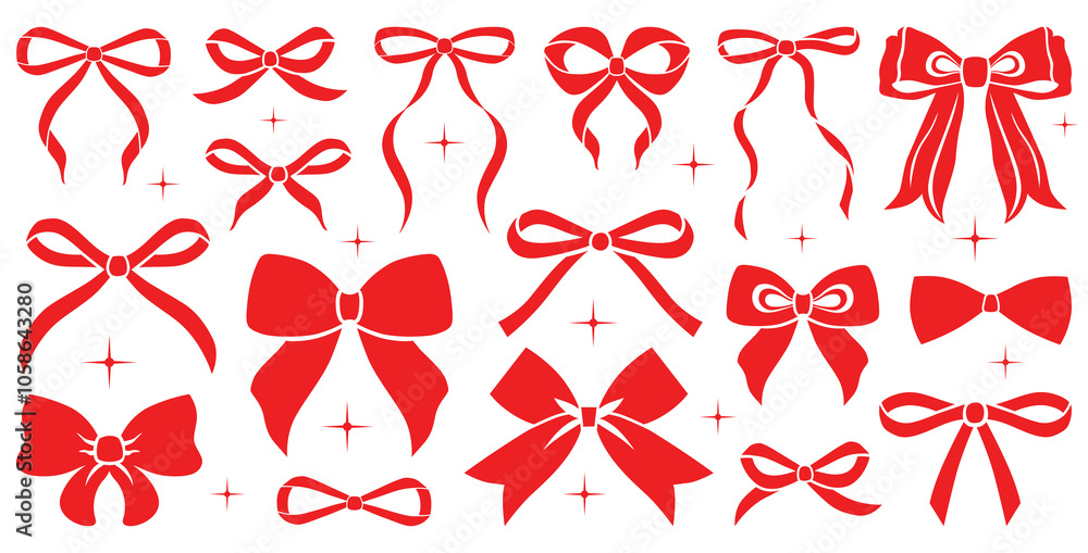 Simple hand drawn colorful ribbon bow collection. Bowknot for decoration, big set of bowtie. Large retro handdrawn ribbon illustration set. Set of various cartoon bow knots, gift ribbons. Red color Simple hand drawn colorful ribbon bow collection. Bowknot for decoration, big set of bowtie. Large retro handdrawn ribbon illustration set. Set of various cartoon bow knots, gift ribbons. Red color