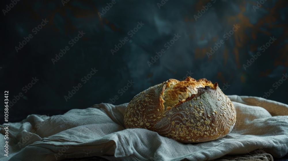 Fresh organic wheat sourdough bread on dark background with linen, viewed from the side. Fresh organic wheat sourdough bread on dark background with linen, viewed from the side.