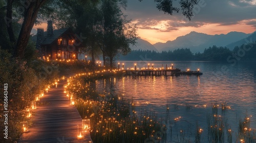 Serene lakeside scene at dusk with candlelit pathway and cabin.