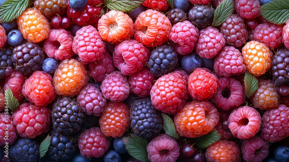 Delicious assortment of freshly picked berries is laying on a table, creating a colorful background Delicious assortment of freshly picked berries is laying on a table, creating a colorful background
