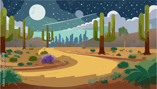 Desert landscape with cactuses and mountains at night vector illustration