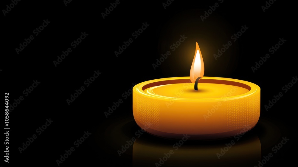 A single yellow candle with a bright flame burning against a black background. A single yellow candle with a bright flame burning against a black background.