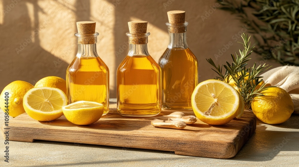 Fresh Lemons, Rosemary, and Bottles of Oil on a Wooden Cutting Board Fresh Lemons, Rosemary, and Bottles of Oil on a Wooden Cutting Board